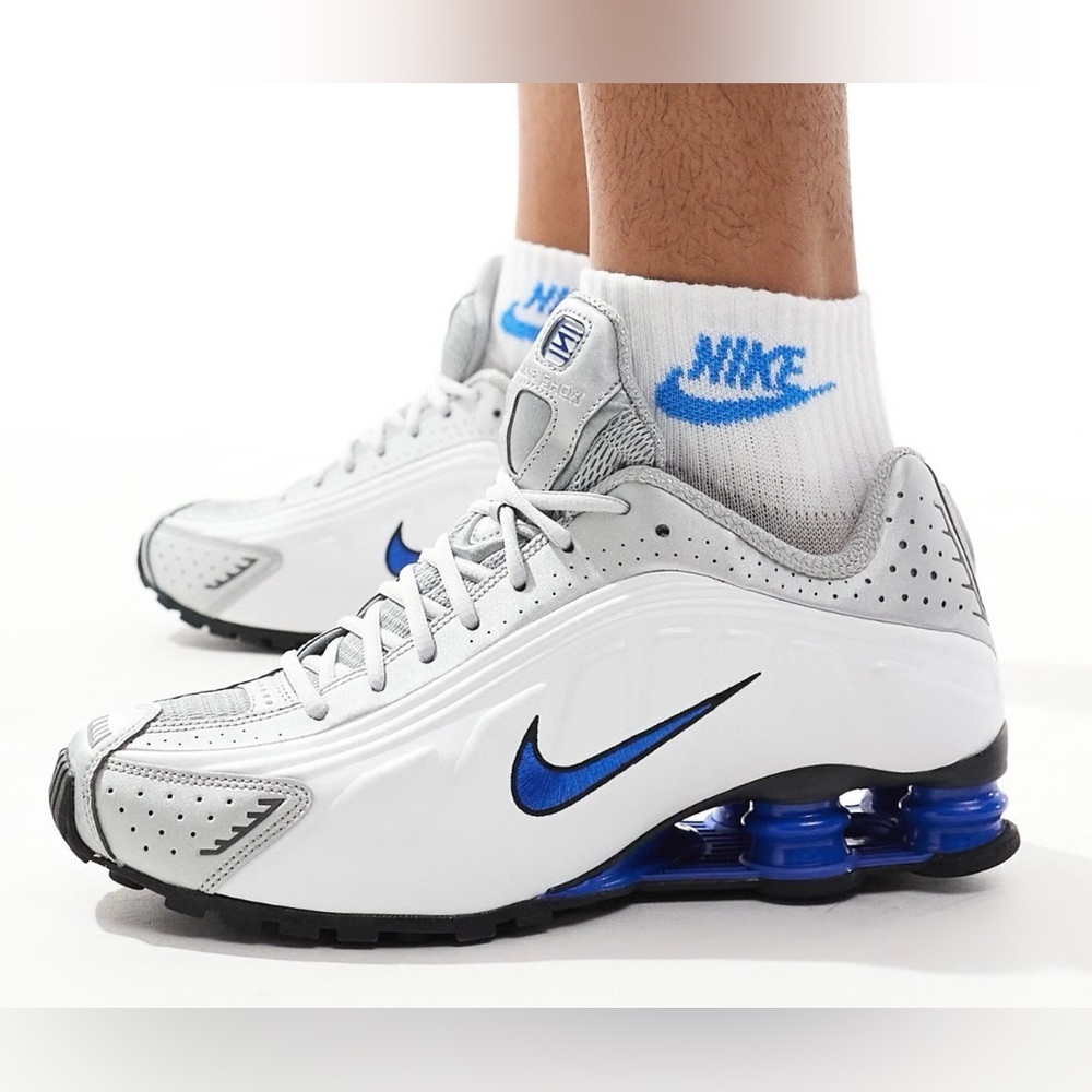 Nike Shox R4 White Metallic Silver Blue Mens 8.5 Running Sneakers